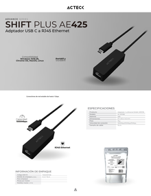 Adaptador Acteck Shift Plus AE425 para Red Hasta 1000 Mbps USB C a Ethernet RJ45 Macho a Hembra Negro