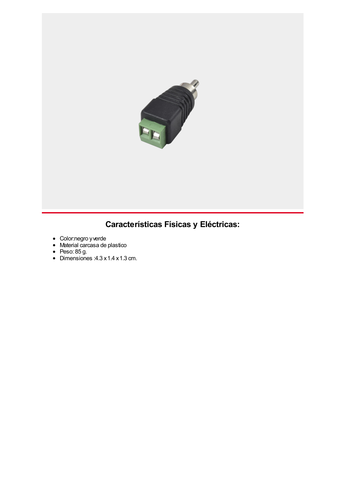 Adaptador RCA MACHO Tipo Jack Polarizado / Terminales Tipo Tornillo / Polarizado (+/-) / Recomendado para Video y AUDIO en sistemas de video vigilancia a 2 Hilos.