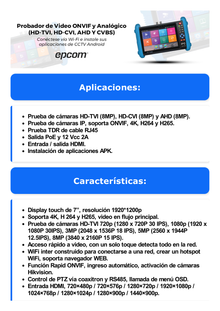 Probador de Vídeo Android con Pantalla LCD de 7" para IP ONVIF / HD-TVI (8MP), HD-CVI (8MP) y AHD (5MP) / Wi-Fi, Scanner IP, WiFi, entrada HDMI