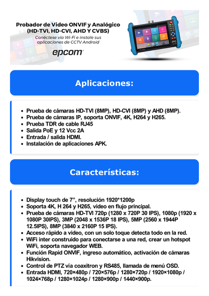 Probador de Vídeo Android con Pantalla LCD de 7" para IP ONVIF / HD-TVI (8MP), HD-CVI (8MP) y AHD (5MP) / Wi-Fi, Scanner IP, WiFi, entrada HDMI