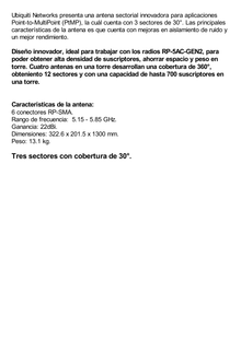 Antena sectorial blindada de 90º de cobertura 5 GHz (5.15 - 5.85 GHz), dividida en 3 bloques de 30º, ideal para alta densidad de suscriptores