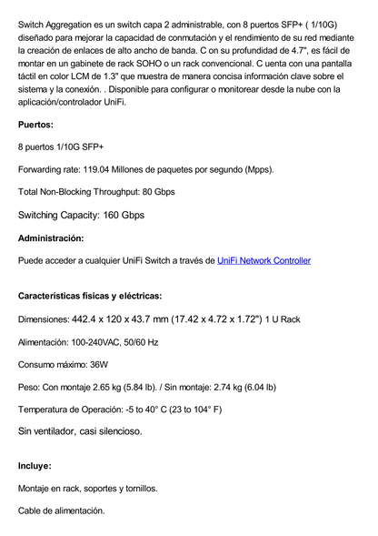 UniFi Switch Aggregation, administrable capa 2, 8 puertos SFP+ de 10G