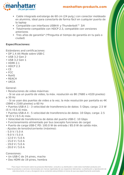 Docking Manhattan 10 puertos 2*HDMI 5*USB-A USB-C RJ45 carga PD