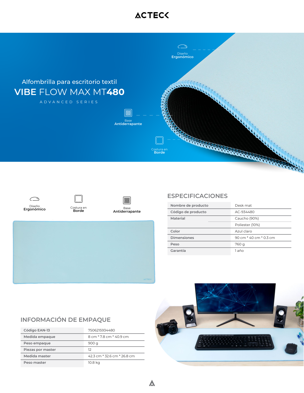 Mousepad Acteck Vibe Flow Max MT480 Azul 90x40cm Superficie Suave y Acabado Tela