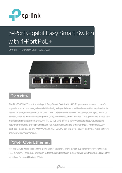 Switch Easy Smart TP-Link TL-SG105MPE metálico escritorio 5 puertos gigabit (4 puetos PoE+802.3af/at max. 120W)