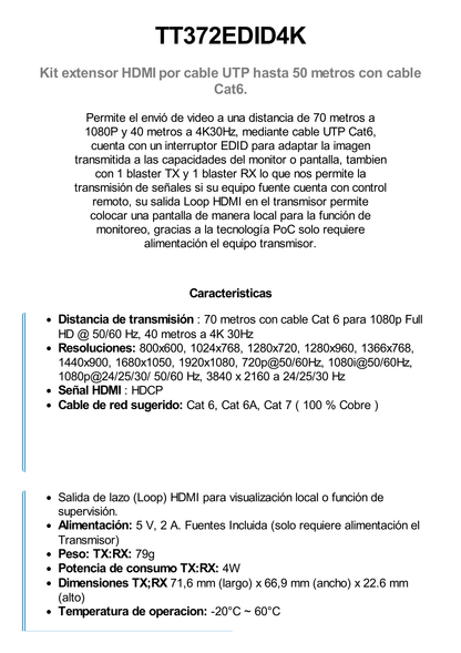 Kit Extensor HDMI para distancias de 50 metros / Soporta resoluciones 4K / Cat 6, 6a y 7 / Salida Loop en el Tx para visualización local /  Configuración EDID / Soporta control remoto del equipo fuente / Alimente solo el Tx