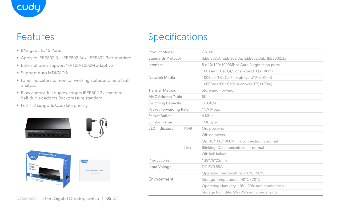 Switch Cudy GS108 de escritorio 8 puertos gigabit carcasa de metal no administrable Auto MDI/MDIX