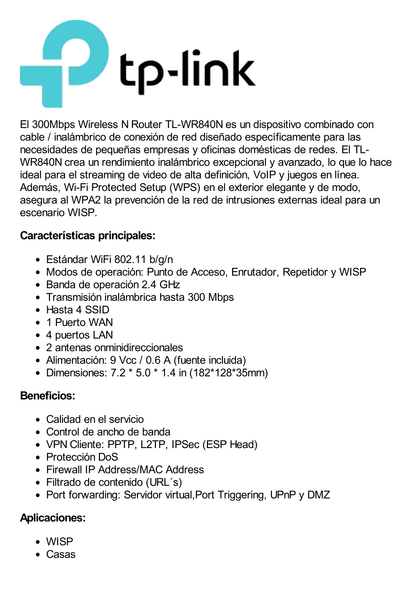 Router Inalámbrico WISP, 2.4 GHz, 300 Mbps, 2 antenas externas omnidireccional 5 dBi, 4 Puertos LAN 10/100 Mbps, 1 Puerto WAN 10/100 Mbps, control de ancho de banda