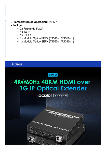 Kit extensor por fibra óptica | Hasta 40 kilómetros|  4K@60Hz | con IR | RS232