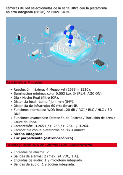 [ PROTECCIÓN ACTIVA ] Bala IP 4 Megapixel / Lente 4 mm / 60 mts IR / Exterior IP67 / Micrófono y Bocina Integrado (Audio de Dos Vías) / DARKFIGHTER / PoE+ / Luz Estroboscopica / ONVIF / Micro SD / 4 Analíticos