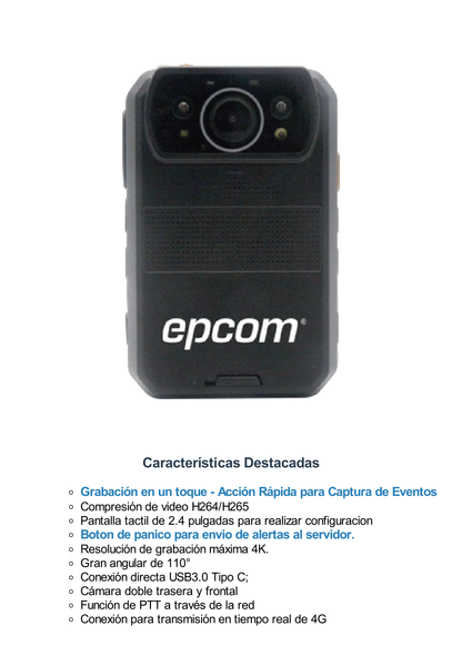 Body Camera para Seguridad / Video 4K / GPS Interconstruido / Conexión 4G-LTE / WiFi / Bluetooth / Sistema Basado en Android / Exterior IP66