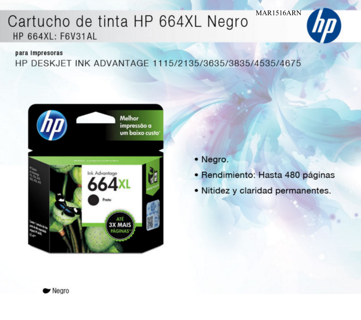 TINTA HP 664 XL F6V31AL NEGRO DESKJET 1115/3835/2135/3635 ALTO RENDIMIENTO (330 PAG)