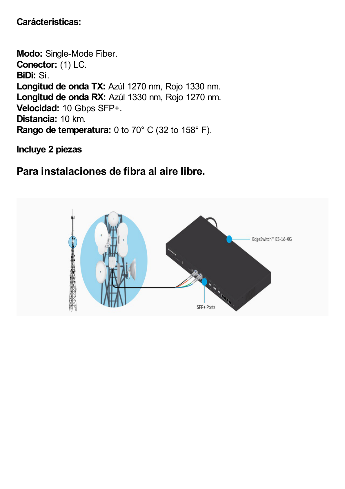 UFiber Módulo SFP+, transceptor MiniGibic MonoModo 10 Gbps, distancia 10 km, un conector LC. Incluye 2 piezas