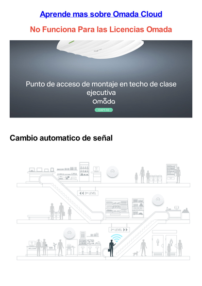 Punto de Acceso Omada / Frecuencia 2.4 GHz N 300 / Para Montaje en Techo-Pared / Configuración Stand-Alone o Por Controlador / Alimentación PoE Pasivo 24 Vcc