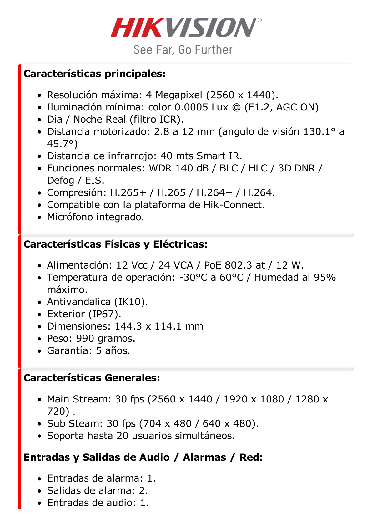 Domo IP 4 Megapixel / Lente Mot. 2.8 a 12 mm / 40 mts IR EXIR / IK10 / IP67 / H.265+ / WDR 140 dB / Captura Facial / DeepinView / Búsqueda por Atributos / 2 Micrófonos Integrados / Micro SD