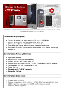 Checador de Huella con Batería de Respaldo  / Reportes por USB / 1,000 Usuarios / 1000 Huellas / 100,000 Registros / Lector de Tarjetas EM / Uso con iVMS-4200.