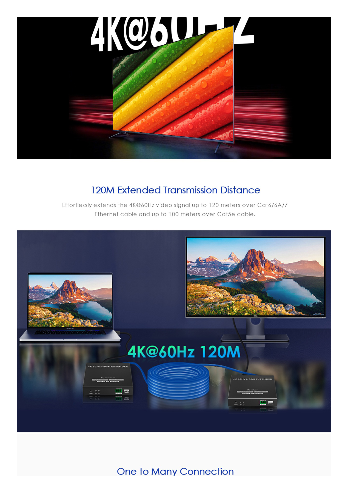 Kit Extensor HDMI para distancias de 120 metros | Soporta resolución 4K @60Hz | Cat 6, 6a y 7 | Salida Loop en el Tx para visualización local | Soporta control remoto del equi