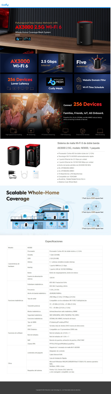 Sistema Mesh Cudy M3000 (1 pieza) Wi-Fi 6 AX3000 (1puerto WAN 2.5Gbps y 1 puerto RJ45 gigabit x pieza) MU-MIMO CPU 1.3GHz Dual Core