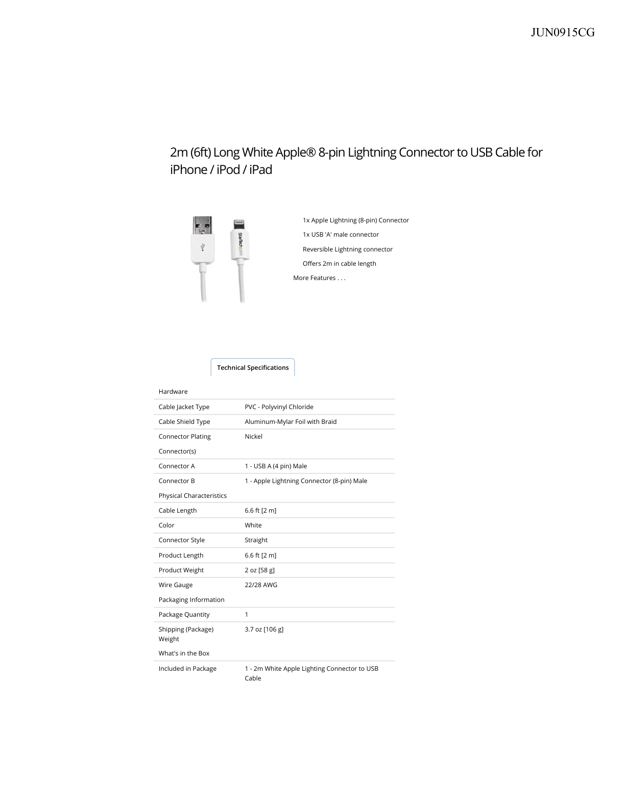 CABLE STARTECH LIGHTNING 2M BLANCO A USB  CABLE LARGO  PARA IPHONE- IPAD -IPOD  CABLE DE CARGA RAPIDA CERTIFICACION MFi DE APPLE