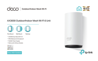 Sistema Deco X50-Outdoor IP65 (1 pieza) TP-Link Mesh Wi-Fi 6 AX3000 MU-MIMO OFDMA 2 puertos RJ45 gigabit IEEE 802.3at PoE