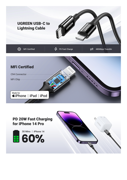 Cable USB-C a Lightning | 1 Metro | Certificado MFi | Carga Rápida 60W | 480 Mbps | PD | Conector C94 | Adecuado para iPhone, iPad y iPod | Protección Integrada | Caja de ABS | Cubierta de TPE | Color Negro.