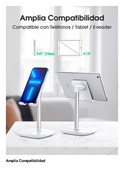 Soporte para Telefono Celular & Tablet / Ajustable de 5° a 45° / Base Antideslizante / Proteccion de Silicona / ABS / Amplia Compatibilidad con dispositivos de 4'' a 7.9'' / Color Blanco