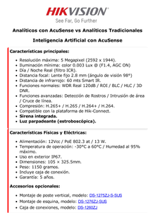 [ PROTECCIÓN ACTIVA ] Bala IP 5 Megapixel / Lente 2.8 mm / 60 mts IR EXIR / Exterior IP67  / WDR 120 dB / PoE + / Micrófono y Bocina Integrada / AcuSense / MicroSD