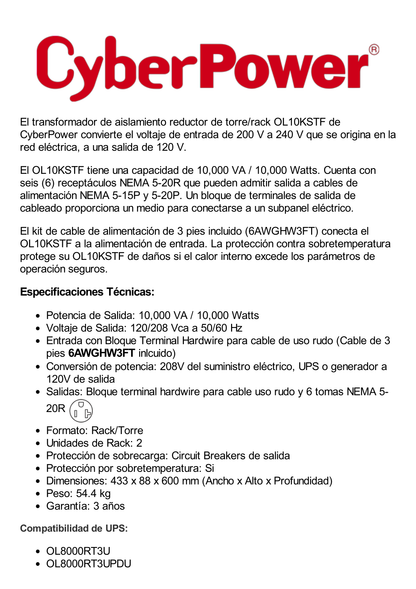 Transformador Reductor de 208 Vca a 120 Vca, Entrada Hardwire con Cable de Uso Rudo, Con 6 Salidas NEMA 5-20R y Terminal Hardwire, Recomendado para UPS modelos OL10KRT y OL8KRT