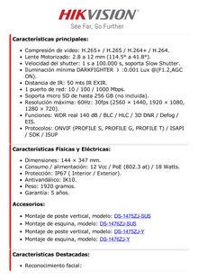 Bala IP 2 Megapixel / Lente Mot. 2.8 - 12 mm / 30 mts IR EXIR / IK10 / Reconocimiento Facial / WDR 140 dB / DeepinView / Búsqueda por Atributos / Heat Map / ACUSENSE / Micro SD