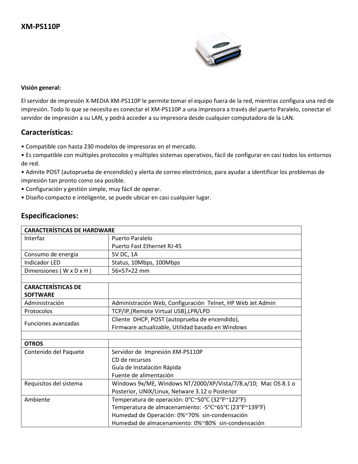 Servidor de impresión X-Media XM-PS110P 1 puerto paralelo y 1 puerto RJ45 Fast Ethernet