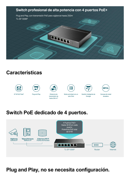 Switch PoE no Administrable de escritorio / 6 puertos 10/100 Mbps / 4 puertos PoE af/at / Presupuesto 67 W / Modo Extensor hasta 250 m / Calidad video prioritaria