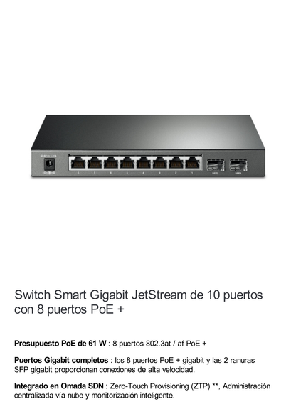 Switch PoE JetStream SDN Administrable 8 puertos 10/100/1000 Mbps + 2 puertos SFP, 8 puertos PoE, 61W, administración centralizada OMADA SDN