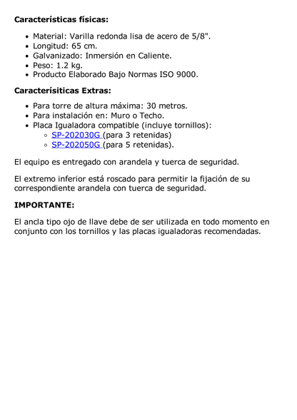 Ancla para Retenida para Muro con Ojo de Llave Galvanizado por Inmersión en Caliente (Requiere Placa Igualadora).