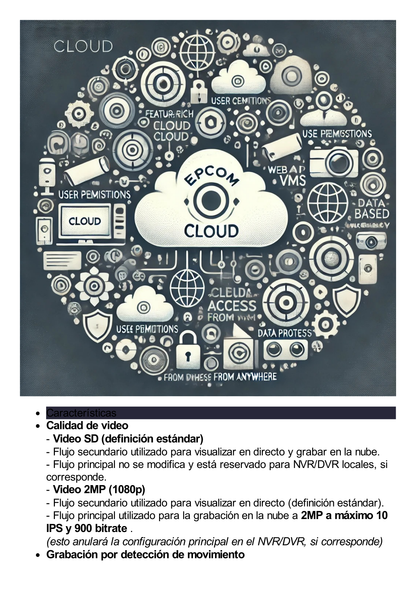 Suscripción Anual Epcom Cloud / Grabación en la nube para 1 canal de video a 2MP con 14 días de retención / Grabación por detección de movimiento