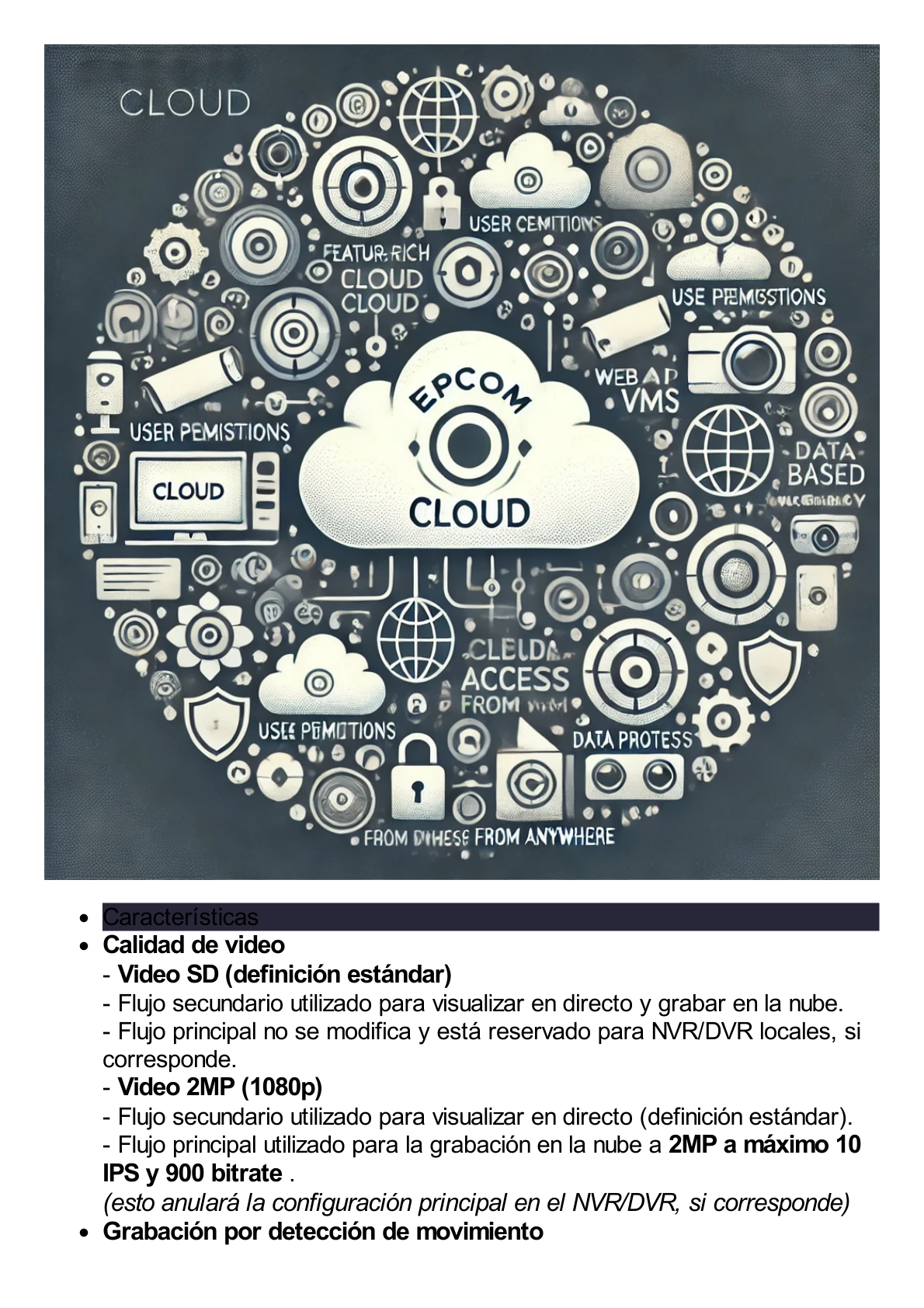 Suscripción Anual Epcom Cloud / Grabación en la nube para 1 canal de video a 2MP con 30 días de retención / Grabación por detección de movimiento