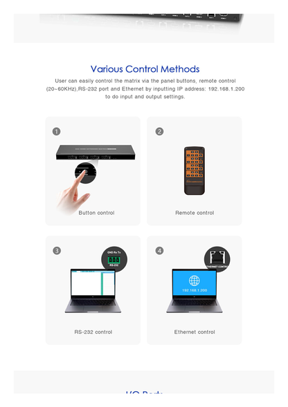 MATRICIAL Y EXTENSOR DE VIDEO HDMI 4 x 4 / 4 Entradas HDMI / 4 Salidas HDMI Loop / 4 Salidas RJ45 para Extender la señal 40 metros por salida  /4K / Conmutación por RS232, Control Remoto o Ethernet.