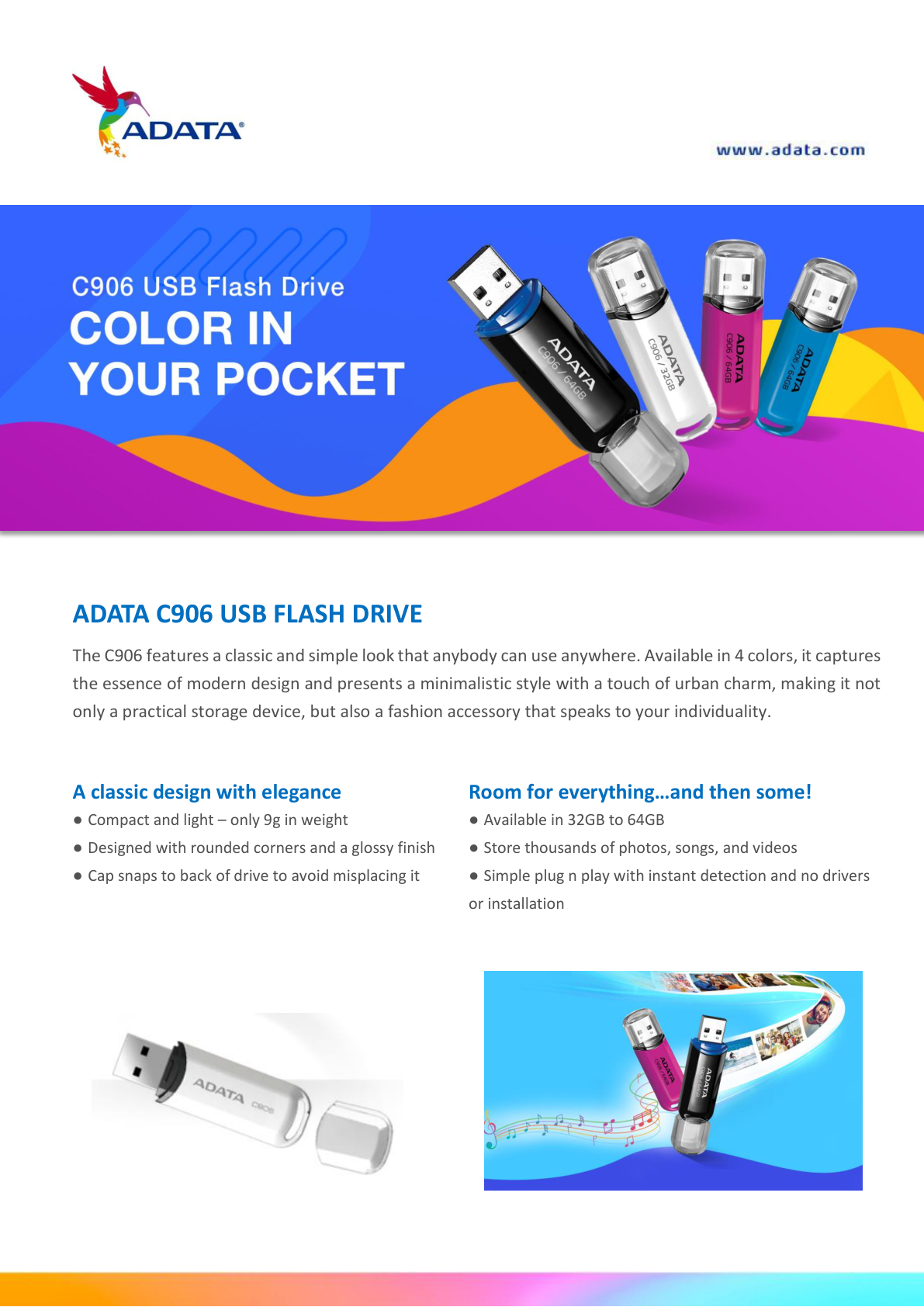 Memoria Adata 64GB USB 2.0 C906 rosa