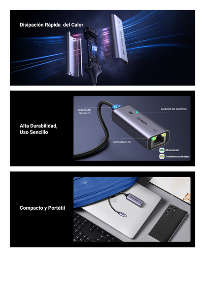 Adaptador USB-C 3.1 GEN1 a Ethernet 2.5G | Thunderbolt 4/3 | Chip de Última Generación RTL8156BG | Caja de Aluminio |  Diseño Reforzado | Indicadores Led | Compacto y Portátil.