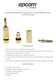 Kit Conector Banana Tipo Tornillo para Bocinas | Instalaciones Profesionales de Audio | Chapado en Oro | Color Negro + Rojo (2 Piezas)