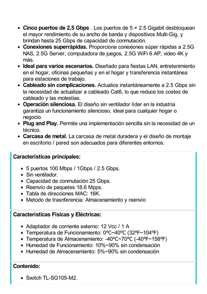 Switch Gigabit no administrable de 5 puertos 100 Mbps/ 1 Gbps/ 2.5 Gbps ideal para WiFi 6