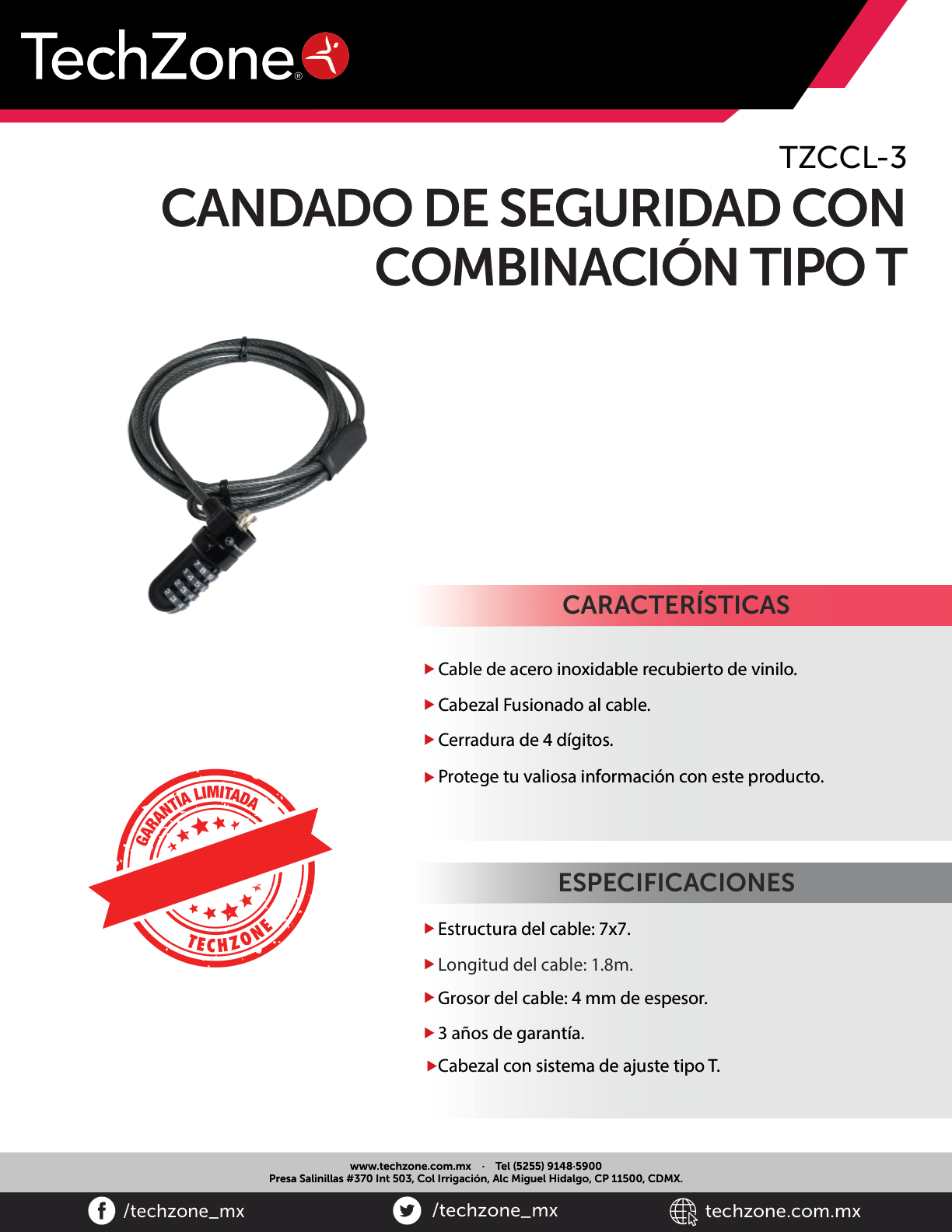 CANDADO PARA LAPTOP TECHZONE DE COMBINACION TIPO T 3MM 1.8M