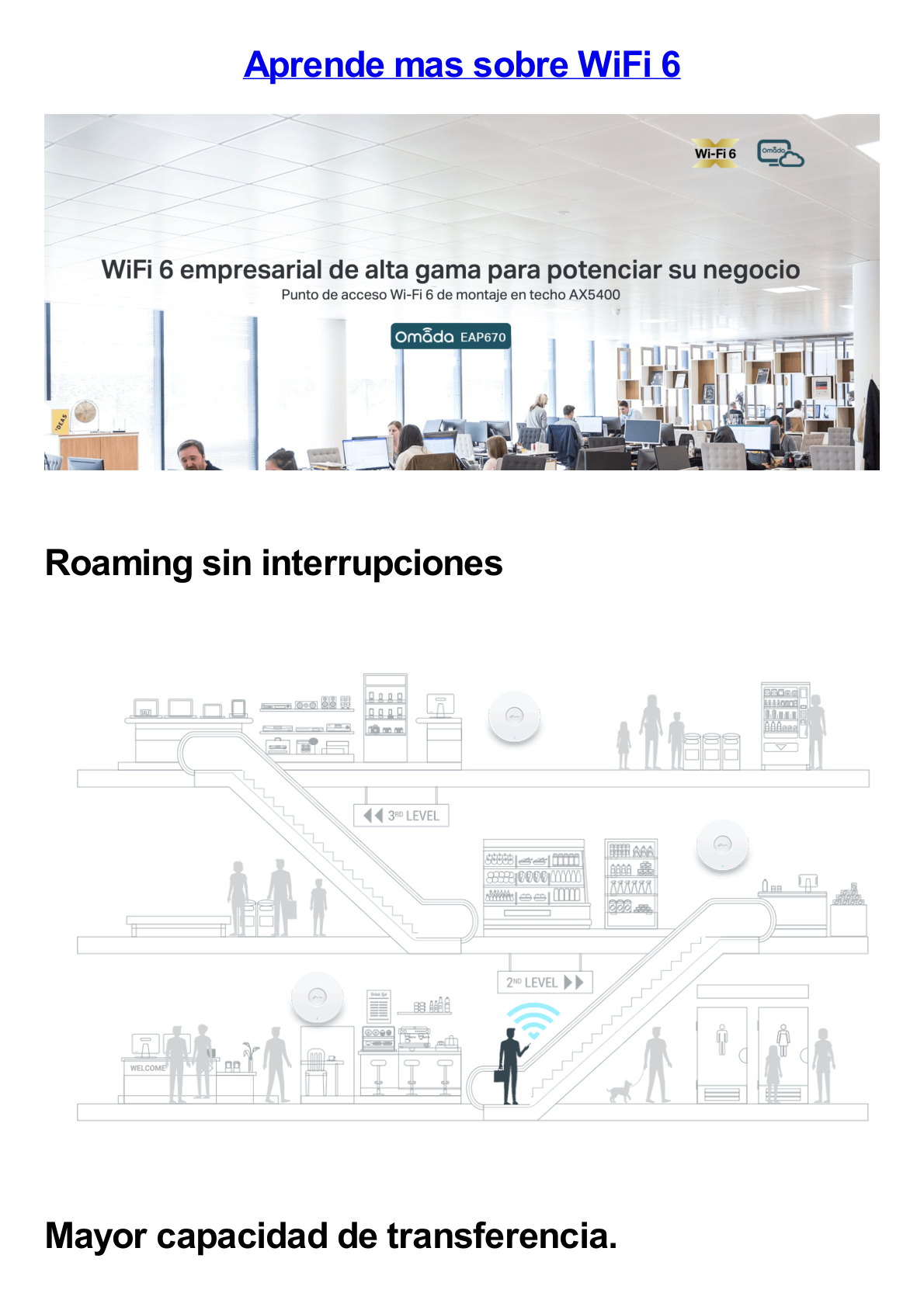 Punto de Acceso Omada / Wi-Fi 6 AX5400 MU-MIMO 4x4 /  Mesh Omada / Alta Densidad de Usuarios / Configuración por Controlador o Stand-Alone / Para Montaje en Techo/pared / Alimentación PoE+