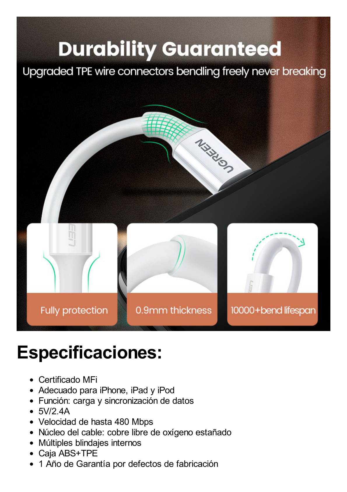 Cable USB-A a Lightning | 1 Metro | Certificado MFi | Carga Rápida 5V/2.4 A| 480 Mbps | PD | Conector C89 | Adecuado para iPhone, iPad y iPod | Protección Integrada | Caja de ABS | Cubierta de TPE | Color Blanco.