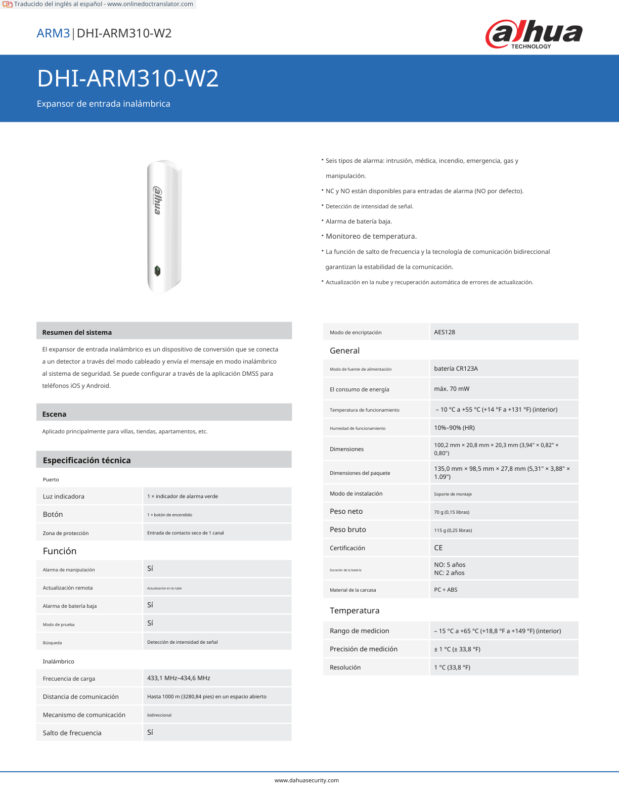 Expansor Dahua DHI-ARM310-W2 zona inalambrica para conectar un dispositivo alarma bateria baja salto de frecuencia