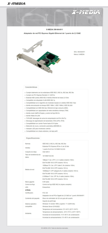 Adaptador PCI Express X-Media XM-NA4811 con 1 puerto RJ45 hasta 2.5Gbps chipset Intel I225-V LED indicador de enlace