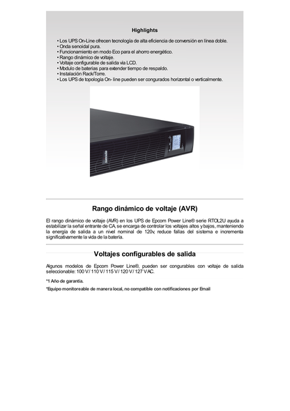 UPS de 850VA/510W / Topología Línea Interactiva / Entrada y Salida 120 Vca / Regulador de Voltaje AVR 80-150 Vca / Clavija NEMA 5-15P / 4 Tomas NEMA 5-15R /Sin RJ11 ni RJ45