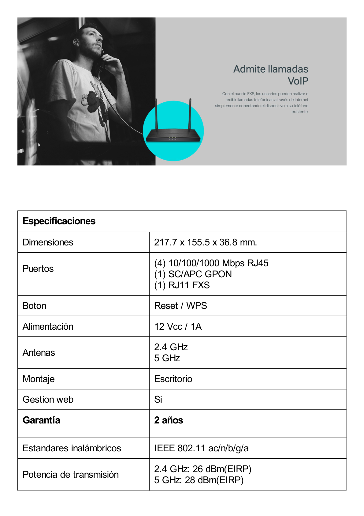 ONU/ONT - GPON Router inalámbrico AC 1200 / 1 Puerto PON SC/APC / 1 Puerto FXS (rj11) / 4 Puertos LAN 10/100/1000 MBPS / Soporta AgiNet Config - AgiNet ACS