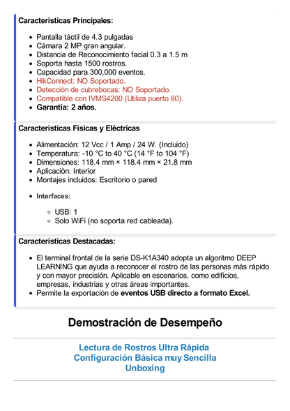 Checador Min Moe WiFi /  Touch de Reconocimiento Facial Ultra Rápido para ASISTENCIA / 1500 Rostros / Reportes en Excel / Diseño Compacto y Facil de Configurar