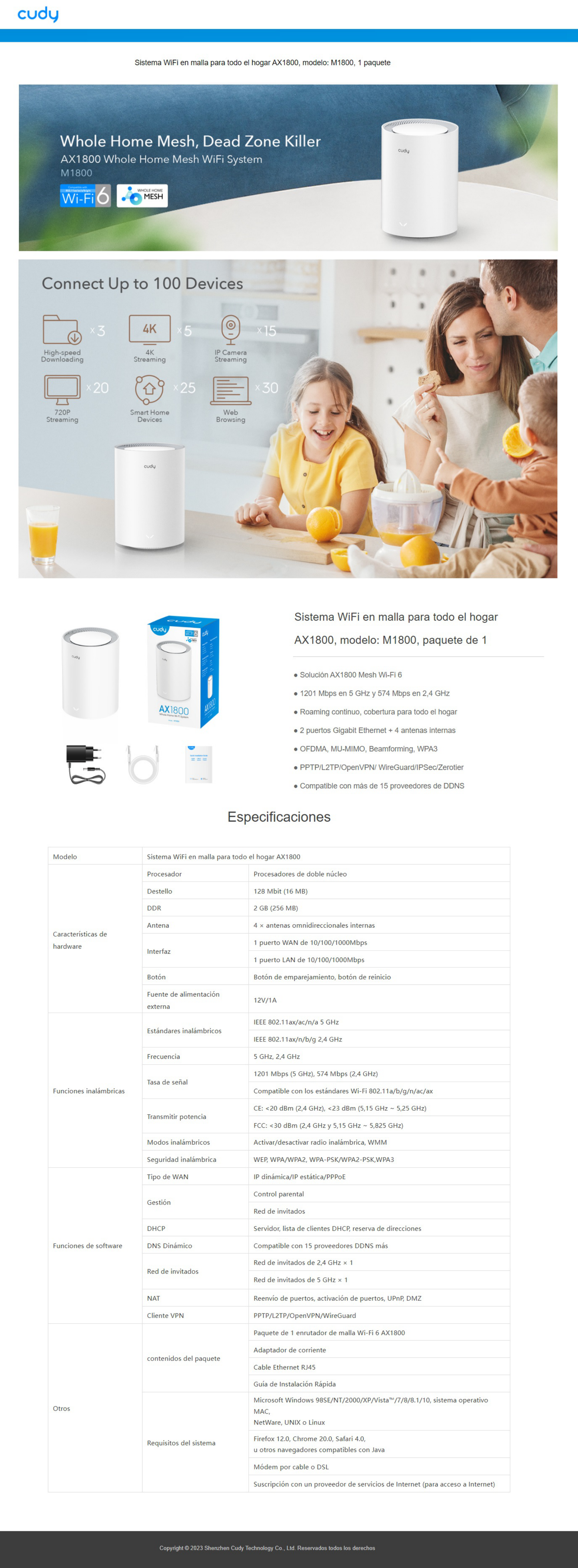 Sistema Mesh Cudy M1800 (1 pieza) Wi-Fi 6 AX1800 (2 puertos RJ45 gigabit 4 antenas internas por pieza) MU-MIMO Beamforming