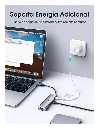 HUB USB-A (Docking Station) 5 en 1 | 3 USB-A 3.0 (5Gbps) | 1 RJ45 (Gigabit Ethernet) | Entrada Micro USB | Luz Indicadora LED | Doble Chip de Última Generación | Caja ABS + PC | Interfaz Niquelada | Color Gris Metalizado.